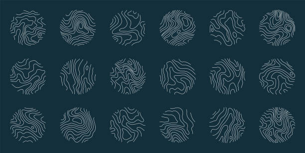 라인 지형도 로고. 나무 반지 질감, 벡터 로고 나무 반지, 편집 가능한 스트로크 - map topography topographic map symbol stock illustrations