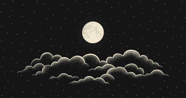 illustrations, cliparts, dessins animés et icônes de ciel étoilé nocturne avec pleine lune et nuages. fond vectoriel avec ciel nuageux, clair de lune - imagination
