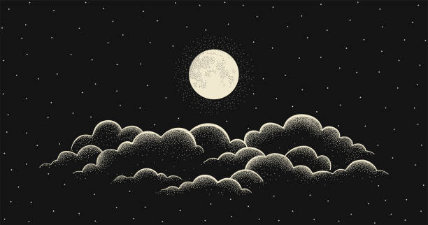 보름달과 구름이 있는 밤하늘. 흐린 하늘, 달빛이 있는 벡터 배경 - 위성 stock illustrations
