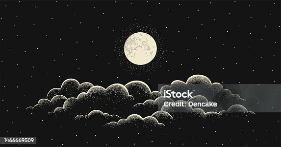 istock Night starry sky with full moon and cloud. Vector background with cloudy sky, moonlight 1466669509