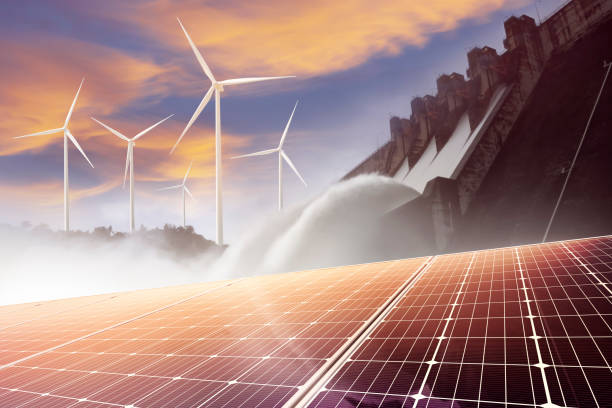 istock Electricity from solar panels, dams, and wind turbines. Environmentally-friendly renewable energy concept. 1466669917