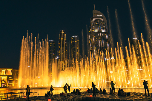 Dubai, UAE - February 04, 2022: Dubai Mall Water Dance Fountain Famous Travel and Tourist attraction in United Arab Emirates