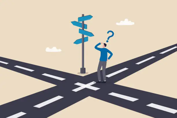 Vector illustration of Business crossroads, finding solution or direction for success, confusion or what next challenge, opportunity choice or alternative concept, confused businessman at the crossroads thinking way to go.