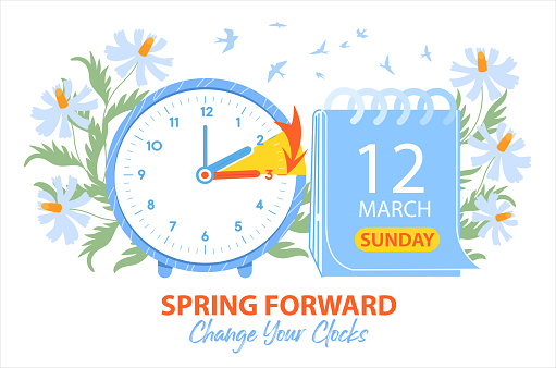 Daylight Saving Time Begins 2023 web banner with clocks and calendar date. Spring forward guide schedule with turning arrow of clock ahead one hour