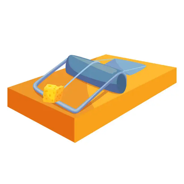 Vector illustration of Mousetrap with cheese warning capture for extermination control of rodent isometric vector