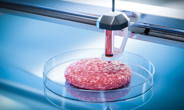 istock Beef meat 3d printing concept. Hamburger cutlet shape - New technologies for meat production. 3d render 1466680041