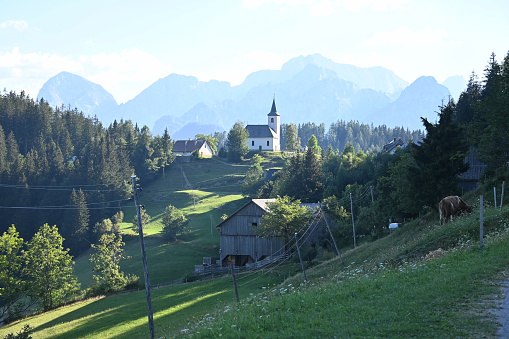 Panoramic view of green hills, mountains and Cerkev Sv. Duh church, Slovenia