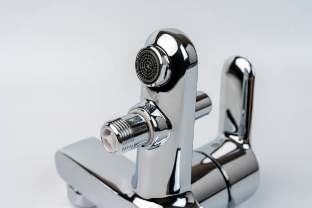 istock new shiny bath faucet on a white background. Bath mixer 1466682224
