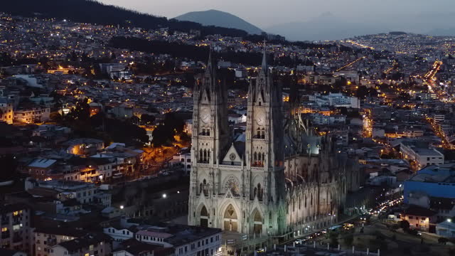 Aerial shot of quito church. 
Basilica of the National Vow in the historic center of QUITO capital of Ecuador.