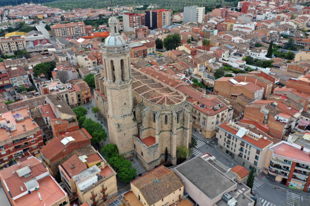 Aerial view church of Santa Eulalia Esparraguera, Baix Llobregat, Catalonia stock photo