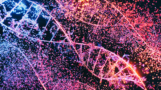 DNA strands - 3d images of DNA molecules on black background, nanotechnology science, medical concept, on dark background, hologram view. DNA structure.