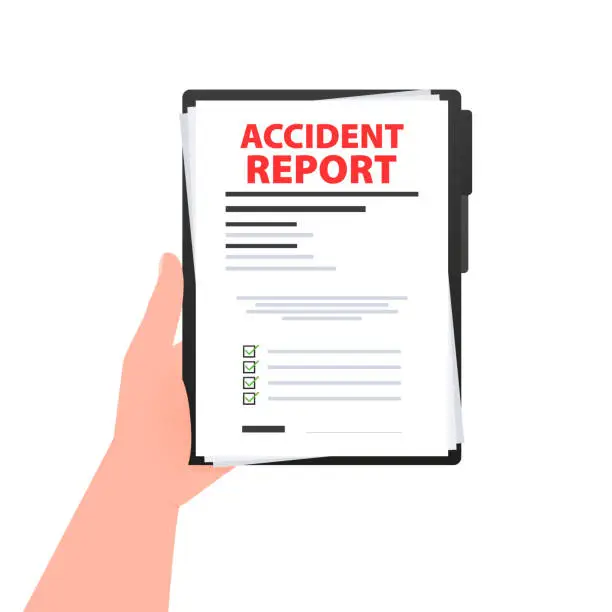 Vector illustration of Accident report form. Write application. Clipboard document. Vector stock illustration.