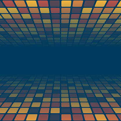 Modern and trendy background. Geometric design with a mosaic of squares on top and bottom, looking like a dance floor. Beautiful color gradient. This illustration can be used for your design, with space for your text (colors used: Yellow, Orange, Red, Brown, Blue, Black ). Vector Illustration (EPS file, well layered and grouped), square format (1:1). Easy to edit, manipulate, resize or colorize. Vector and Jpeg file of different sizes.