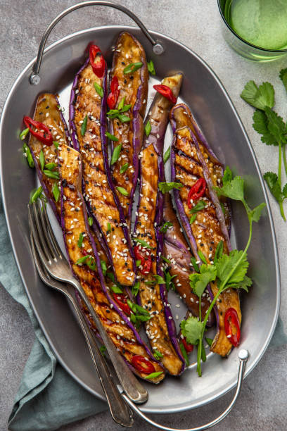 Spicy miso grilled japanese eggplant stock photo