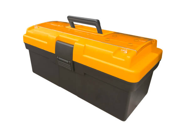 istock Plastic box with red locks for repair tools isolated over white background. Toolbox isolated. 1466688605