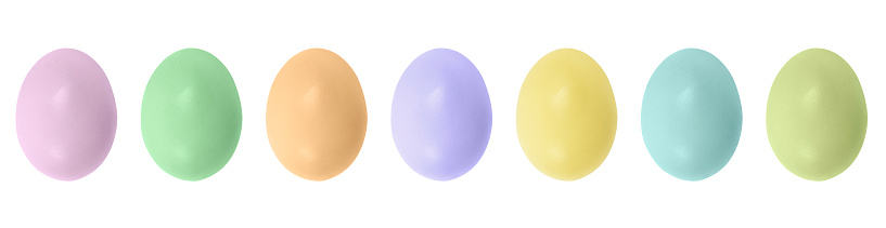 Easter eggs isolated on white background. Rainbow colored Easter eggs isolated. Group of easter eggs in a row.