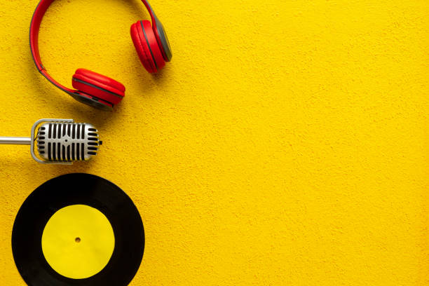istock Record the music concept with vinyl records and microphone, top view 1466691253