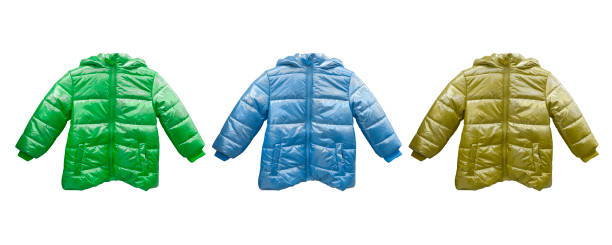 istock Three hooded warm sport puffer jacket isolated over white background. Blank template down jacket with zipped isolated. Winter jacket isolated 1466691400