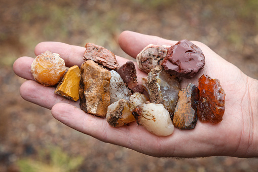 Close-up of various minerals on hand, Gobi Gurvansaikhan National Park, Mongolia.