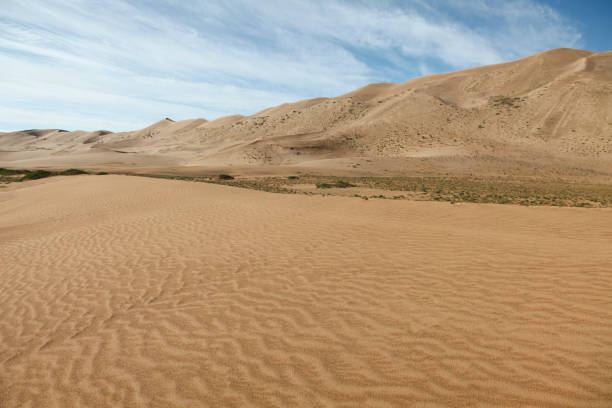 Scenic view of Khongoryn Els sand dunes in Gobi Desert against sky, Gobi Gurvansaikhan National Park, Mongolia.