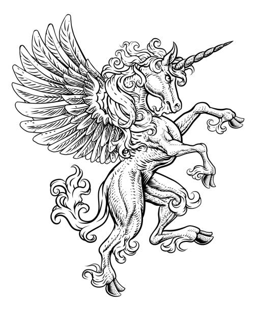 pegasus jednorożec hodowli szalonego crest wings koń - mythology horse pegasus black and white stock illustrations