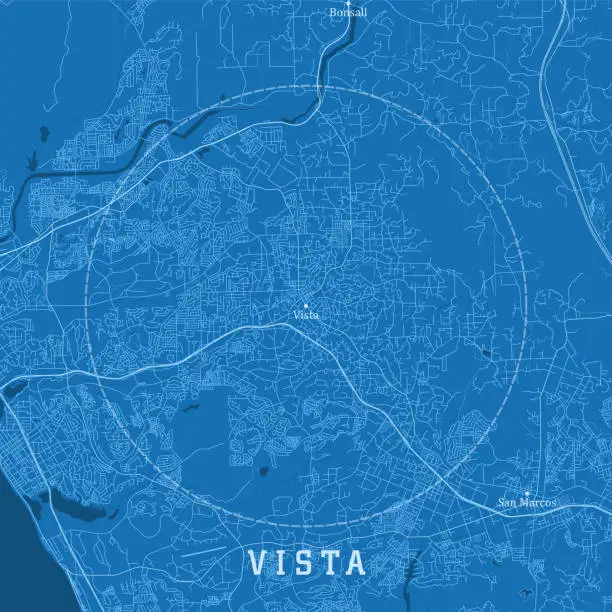 Vector illustration of Vista CA City Vector Road Map Blue Text
