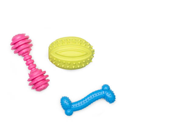 Three colored dog toys on a white background with copy space
