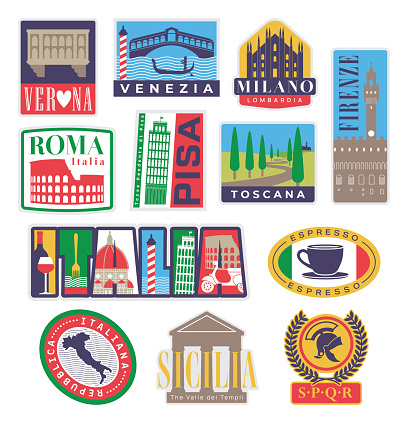 Set of various Italy travel stickers and vintage suitcase badges with Italian iconic places (Rome, Tuscany, Venice, Pisa, Sicily, Verona, Milan). Italy travel stickers and badges in Italian language.