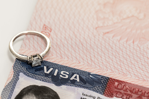 Ring with decoration on the background of the US visa.