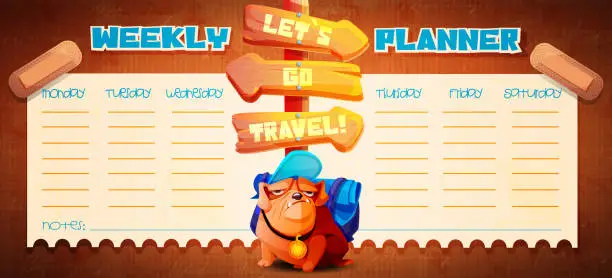 Vector illustration of Daily planning concept in cartoon style. Weekly to-do list with tourist bulldog on cardboard background with world map.