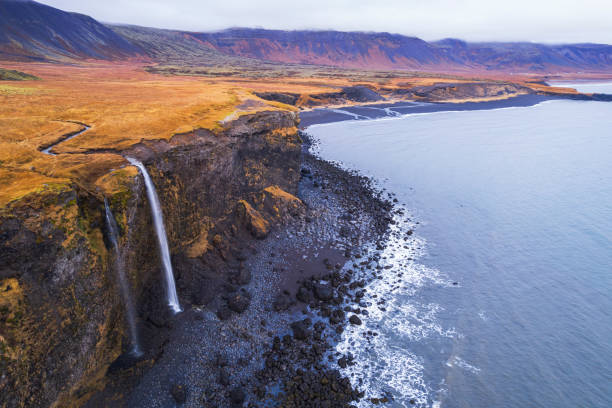 cascadas en la playa de arnarstapi - snaefellsnes fotografías e imágenes de stock