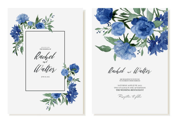ilustrações, clipart, desenhos animados e ícones de convite de casamento com flores azuis aquarela e peônias. modelo de vetor - wedding invitation rose flower floral pattern