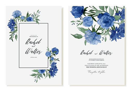 Wedding invitation with watercolor blue flowers and peonies. Vector template