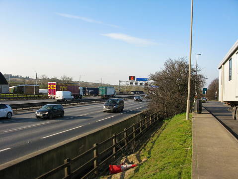 High Angle View of British Motorways and Highways Services Station on M1 Junction 12 of Toddington, Dunstable LU5 6HP England UK. Image Was Captured on 15-Feb-2023