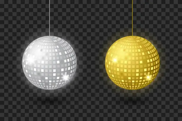 Vector illustration of Set Silver And Golden Disco Balls Isolated On Background. Party Decoration. Vector Illustration