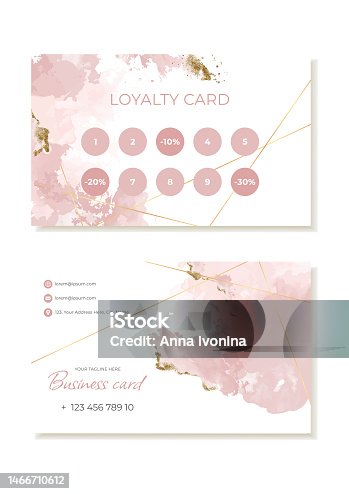 istock Client loyalty business card template on pink watercolor background. Suitable for the beauty industry. Vector 1466710612
