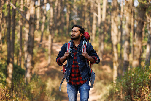 Young India man backpack and admiring nature in forest