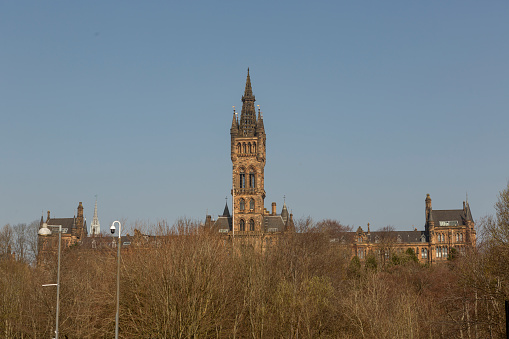 historical gothic tower of uniersity glasgow at scotland england UK