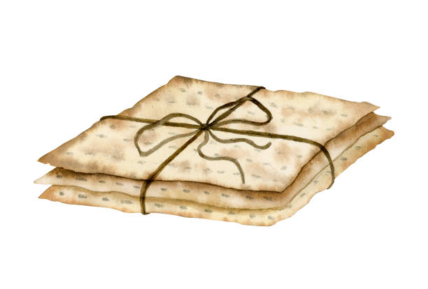 matzah 더미는 유대인 유월절 금식 빵 측면 보기에 대한 로프 활 수채화 삽화와 함께 있습니다. 손으로 그린 페사흐 기호 - matzo passover cracker unleavened bread stock illustrations