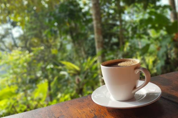 A white cup of organic black coffee on a wooden table in the Indonesian jungle.