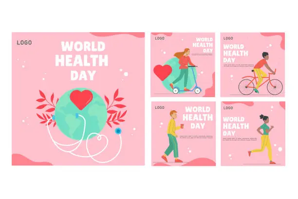 Vector illustration of Hand drawn world health day instagram posts collection