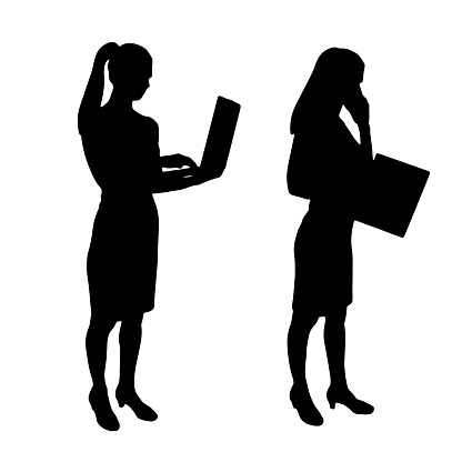 Business woman or worker is working with a laptop in her hands, standing. Business concept. Set of vector silhouettes