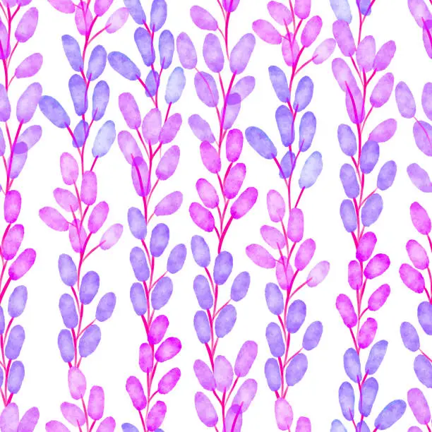 Vector illustration of Blue and Purple Berries Seamless Pattern Background. Floral Background for Greeting Cards, Wallpapers, Advertising, Banners, Leaflets and Flyers. Geometric Botanical Vector Design Background. Hand Painted Layered Watercolor Flowers Clip Art.