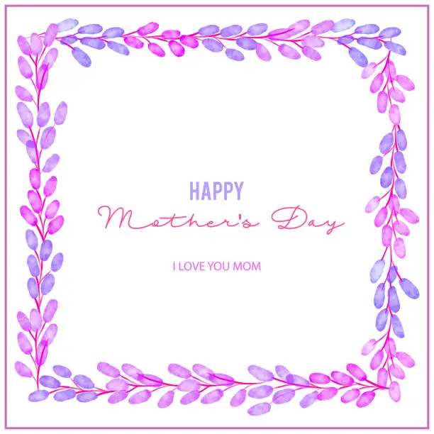 Vector illustration of Happy Mother's Day, Blue and Purple Berries Wreath Background. Delicate Bouquets with Purple, Pink, Blue Flowers Arranged to Form a Cheerful Frame for Greeting Cards, Advertising, Banners, Leaflets and Flyers. Geometric Botanical Vector Design Frame.