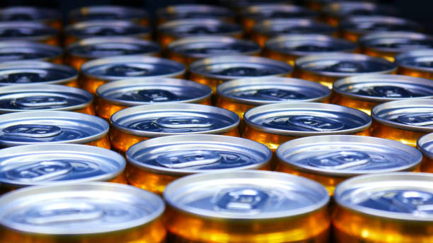 Close-up of many beautiful golden cans stock photo