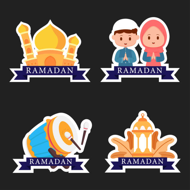illustrazioni stock, clip art, cartoni animati e icone di tendenza di illustrazione design ramadan kareem set di adesivi - koran islam muhammad night