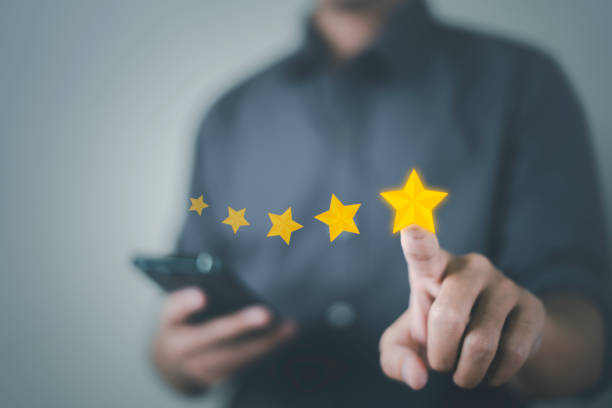 istock Customer service and Satisfaction concept, Business people touching the virtual screen on the star icon to give satisfaction in service. rating very impressed 1466725830