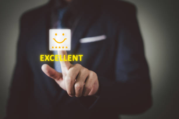 istock Customer service and Satisfaction concept, Businessmen touch the virtual screen on the happy Smiling face icon to give satisfaction in service. rating very impressed 1466725837