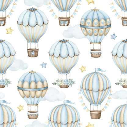 Hot air balloons seamless pattern. Watercolor hand painted seamless pattern for baby boy with blue hot air balloons.