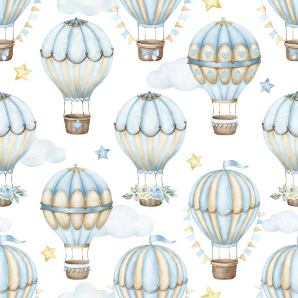 Hot air balloons seamless pattern. Hot air balloons seamless pattern. Watercolor hand painted seamless pattern for baby boy with blue hot air balloons. watercolor hot air balloon stock illustrations